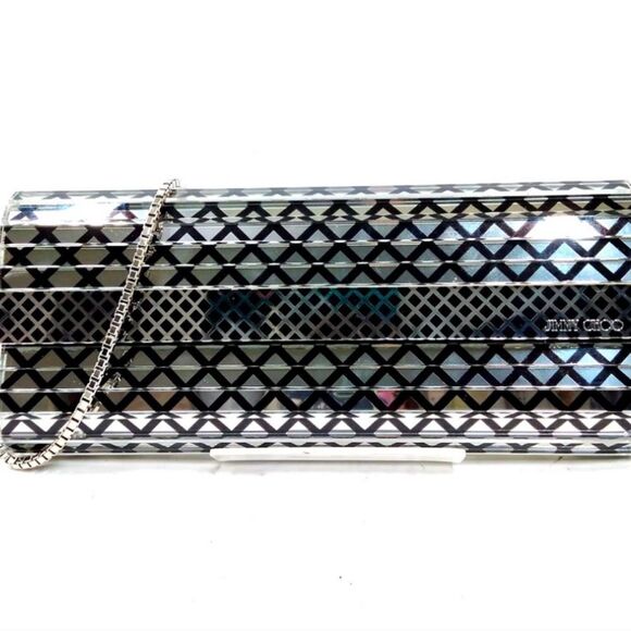 Auth Jimmy Choo Black & Clear Diamond Print Acrylic Sweetie Clutch Silver Chain - Picture 8 of 12